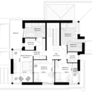 Upper floor plan with a master bedroom, additional bedrooms, and bathrooms, perfect for villa plans or small family house layouts.