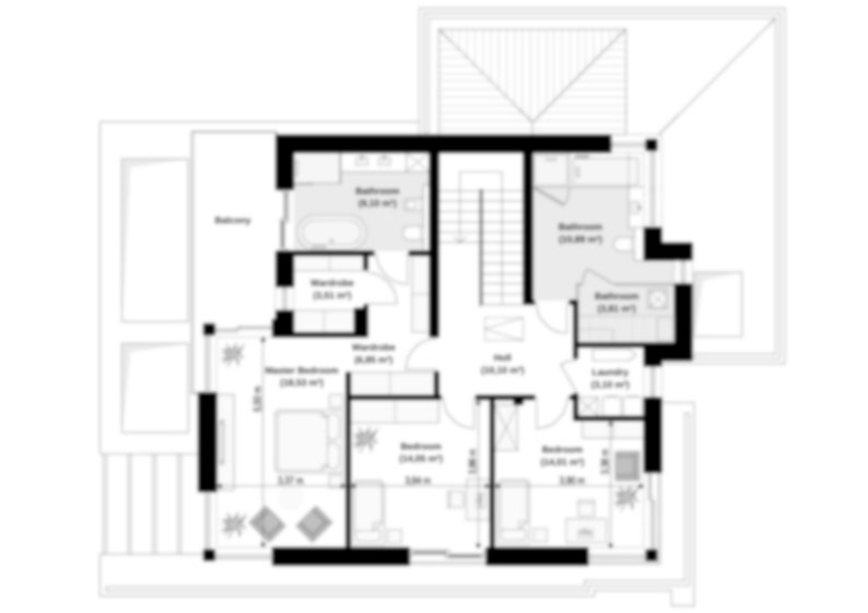 Upper floor plan with a master bedroom, additional bedrooms, and bathrooms, perfect for villa plans or small family house layouts.