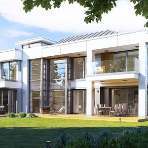 May include: A modern, two-story house with a white exterior, large glass windows, and a flat roof. The house has a balcony, a patio with a dining table and chairs, and a well-maintained green lawn. The sky is blue with some clouds.