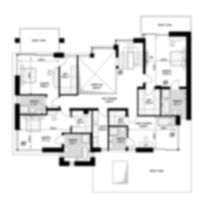 Second floor plan with bedrooms, bathrooms, and balcony access. Ideal for house blueprints, modern floor plans, and architectural designs.