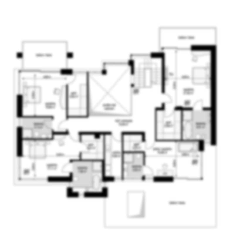 Second floor plan with bedrooms, bathrooms, and balcony access. Ideal for house blueprints, modern floor plans, and architectural designs.