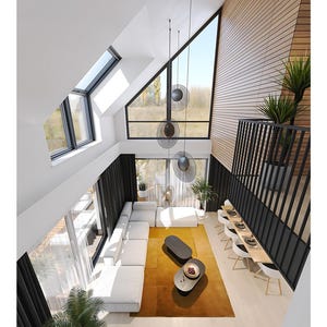 Bright and airy living space with floor-to-ceiling windows, a loft-style design, and modern decor. Perfect for contemporary house plans and innovative interior layouts.