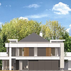 May include: Modern two-story house with a white exterior, gray roof, and large windows. The house is surrounded by lush green trees under a blue sky with fluffy white clouds. The design features a minimalist aesthetic.