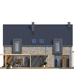 Pu&ograve; includere: Una casa a due piani con tetto in tegole grigio scuro e pareti in mattoni grigio chiaro. L'esterno presenta due grandi finestre rettangolari con telai grigio scuro, due piccole finestre quadrate sul tetto e un pergolato in legno.