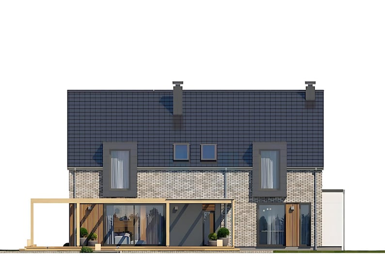 Pu&ograve; includere: Una casa a due piani con tetto in tegole grigio scuro e pareti in mattoni grigio chiaro. L'esterno presenta due grandi finestre rettangolari con telai grigio scuro, due piccole finestre quadrate sul tetto e un pergolato in legno.