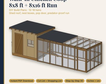 Könnte beinhalten: DIY-Baupläne für einen begehbaren Hühnerstall mit Auslauf 8x8 ft + 8x16 ft. Mit Pultdach, Nistkästen, Hühnerklappe und sicherem Auslauf. Enthält PDF-Download, Zuschnittliste, Einkaufsliste und 3D-Schritt-für-Schritt-Anleitung in Zoll und cm.