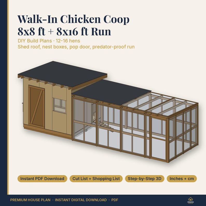May include: Walk-In Chicken Coop 8x8 ft + 8x16 ft Run DIY Build Plans. Features a shed roof, nest boxes, pop door, and predator-proof run. Includes instant PDF download, cut list, shopping list, and step-by-step 3D instructions in inches.