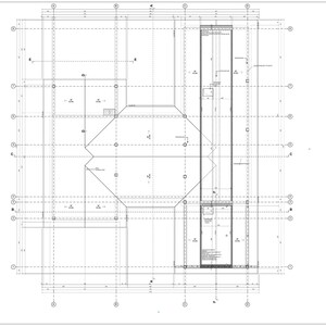 May include: A technical architectural floor plan drawing in black and white lines on a white background. The diagram features a grid of structural columns, intersecting axis lines labeled A through D, and detailed geometric shapes.