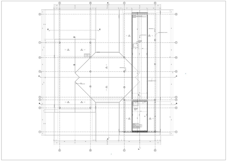 May include: A technical architectural floor plan drawing in black and white lines on a white background. The diagram features a grid of structural columns, intersecting axis lines labeled A through D, and detailed geometric shapes.