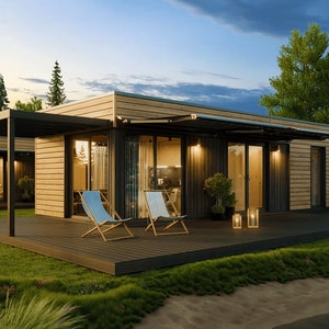 Cozy modern house plan with warm lighting, wooden accents, and a spacious deck, perfect for tiny house plans, cottage house plans, or small cabin plans. Ideal for serene evening settings with customizable floor plans.