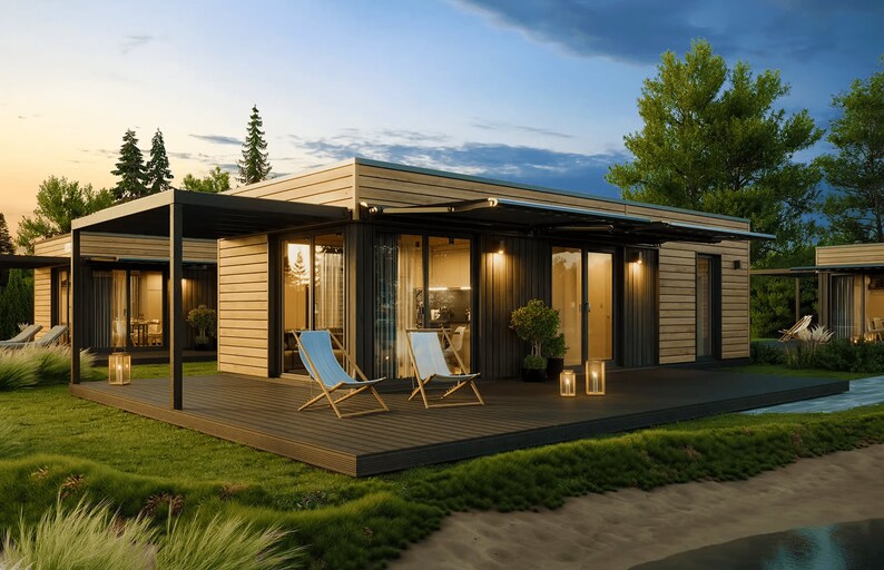 Cozy modern house plan with warm lighting, wooden accents, and a spacious deck, perfect for tiny house plans, cottage house plans, or small cabin plans. Ideal for serene evening settings with customizable floor plans.