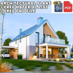 Puede incluir: Una casa moderna blanca con un techo azul y una pared de acento de madera. La casa tiene un balcón grande y un carport. La casa está rodeada de árboles y arbustos.