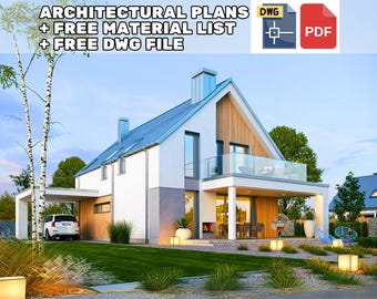 May include: A white modern house with a blue roof and a wooden accent wall. The house has a large balcony and a carport. The house is surrounded by trees and bushes.