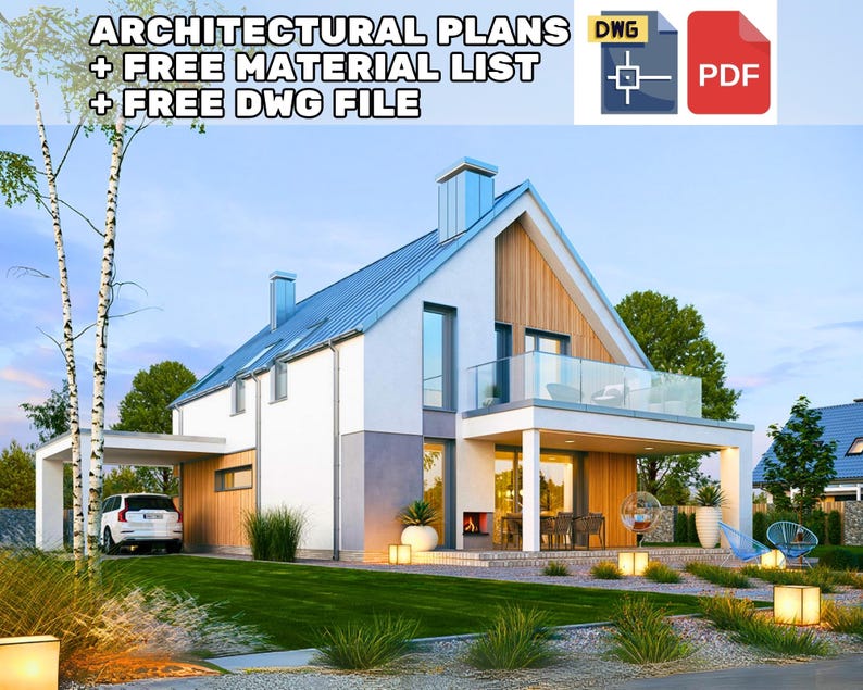 Modern Scandinavian House Plan with Free DWG File – A beautifully designed two-story modern house with a minimalist aesthetic, large windows, and a spacious balcony. Perfect for contemporary living. #houseplans #modernhouseplans #scandinavianhouseplans