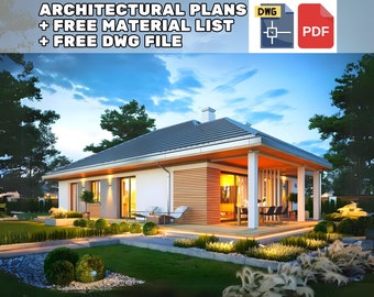 May include: A rendering of a modern, single-story house with a large covered patio. The house has a white exterior with wood accents and a gray roof. The patio has a wooden floor and is surrounded by landscaping.