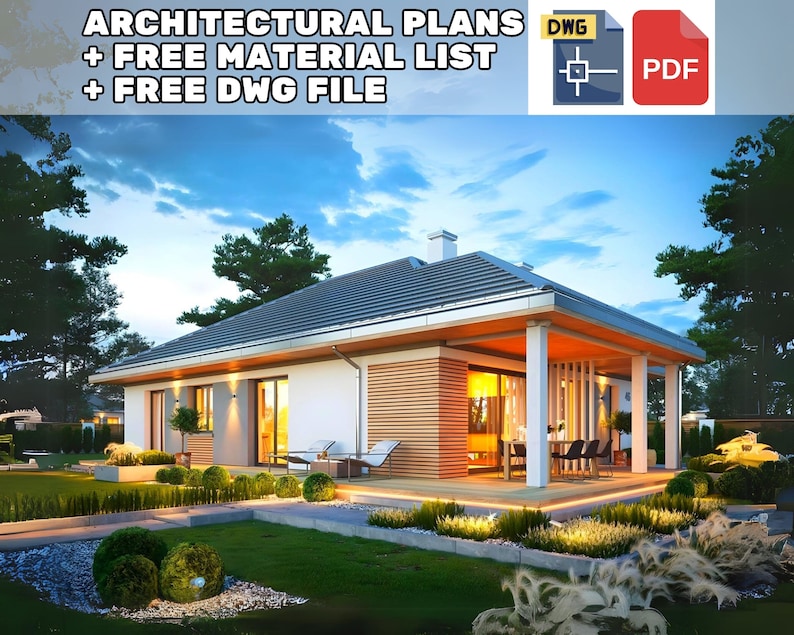 Modern single-story villa plan with a spacious veranda, lush garden, and large glass windows offering comfort. Ideal for those seeking villa plans in contemporary home designs.