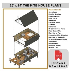 16' x 24' The Kite House Plans featuring A-frame design, detailed floor plans, wall plans, sections, elevations, and material lists. Includes 3D construction views and instant PDF download. Ideal for small cabin plans or modern house designs.