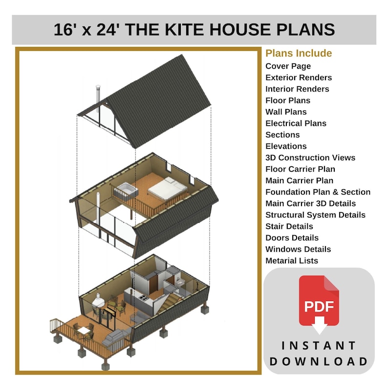 16' x 24' The Kite House Plans featuring A-frame design, detailed floor plans, wall plans, sections, elevations, and material lists. Includes 3D construction views and instant PDF download. Ideal for small cabin plans or modern house designs.