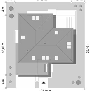 May include: A top-down architectural site plan showing a house footprint with a gray roof and white skylights. The plot dimensions are labeled as 3 m, 17.39 m, 3.80 m, 26.46 m, 24.19 m, 4 m, and 18.46 m. Small circles indicate trees on the lot.