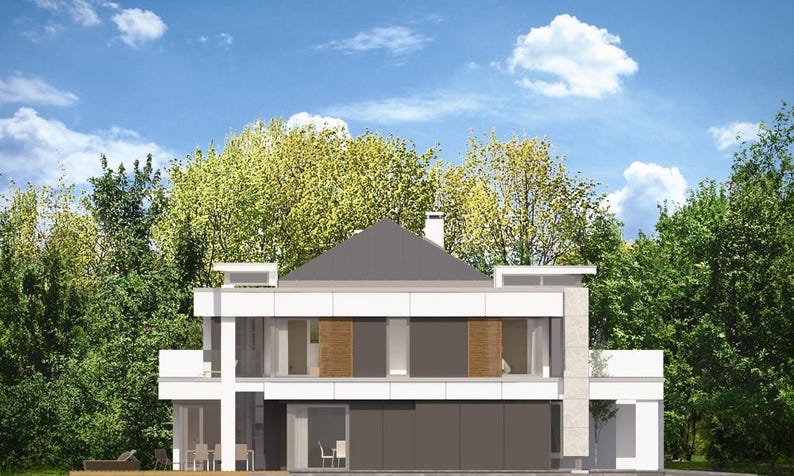 May include: Modern two-story house with a white exterior, gray roof, and large windows. The house is surrounded by lush green trees under a blue sky with fluffy white clouds. The design features a minimalist aesthetic.
