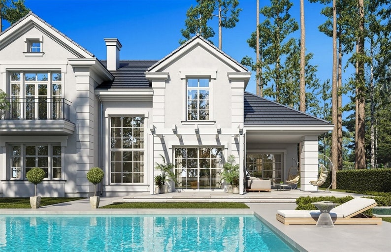 Elegant backyard view of a luxurious home with large windows, a swimming pool, and outdoor seating area. Suitable for modern house plans and cottage house plans.