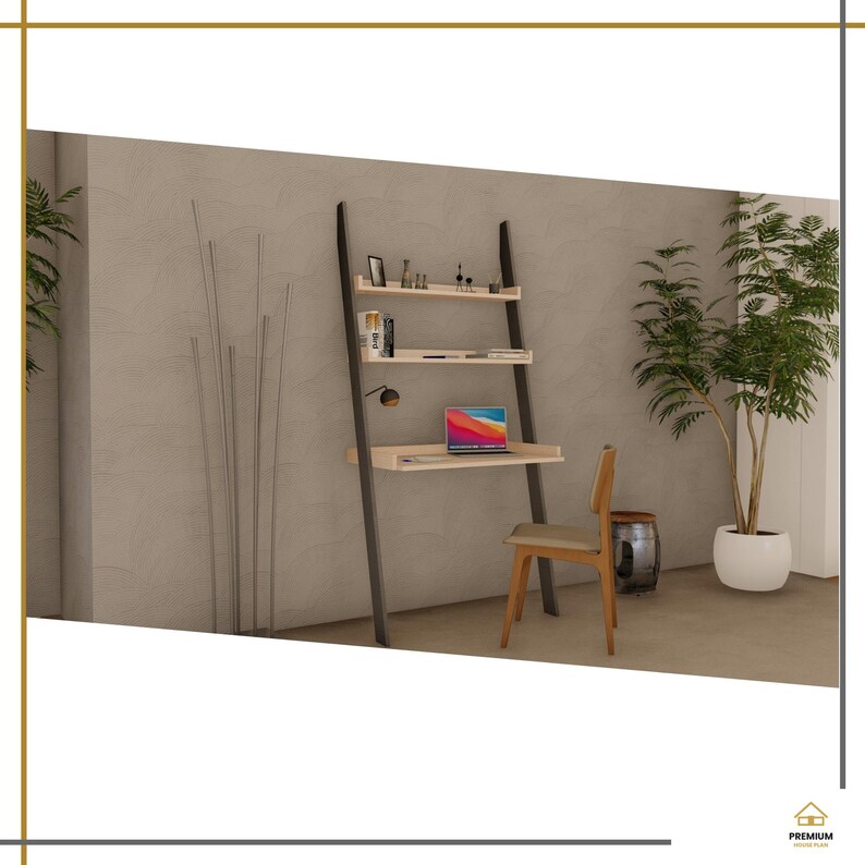 May include: A wall-mounted ladder desk featuring two light-colored wooden shelves and a matching desktop surface supported by two dark, angled metal frames. A wooden chair with a light-colored seat is positioned in front of the desk.