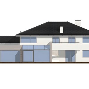 May include: A two-story house with white exterior walls, a dark gray hipped roof, and a chimney. The structure features large glass windows, a sliding glass door on the ground floor, a balcony with a metal railing, and light gray paneling accents.