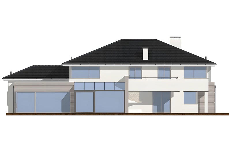 May include: A two-story house with white exterior walls, a dark gray hipped roof, and a chimney. The structure features large glass windows, a sliding glass door on the ground floor, a balcony with a metal railing, and light gray paneling accents.