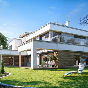 Elegant Contemporary Home Blueprint
"An elegant modern house with sleek lines, minimalistic design, and an inviting driveway. Ideal for families looking for luxurious house plans and complete floor designs."