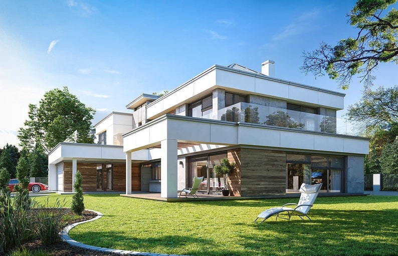 Elegant Contemporary Home Blueprint
"An elegant modern house with sleek lines, minimalistic design, and an inviting driveway. Ideal for families looking for luxurious house plans and complete floor designs."