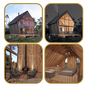 Collage showcasing an A-frame house with day and night views, a cozy fireplace in the living area, and a loft bedroom with wooden accents. Ideal for tiny home plans, cottage designs, or modern cabin retreats.
