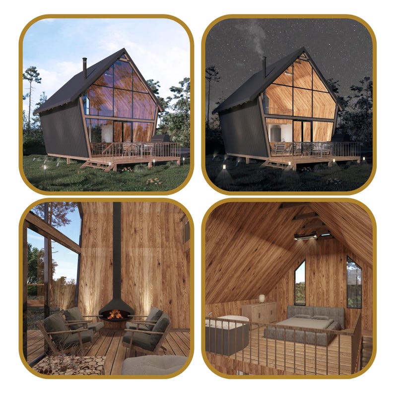 Collage showcasing an A-frame house with day and night views, a cozy fireplace in the living area, and a loft bedroom with wooden accents. Ideal for tiny home plans, cottage designs, or modern cabin retreats.