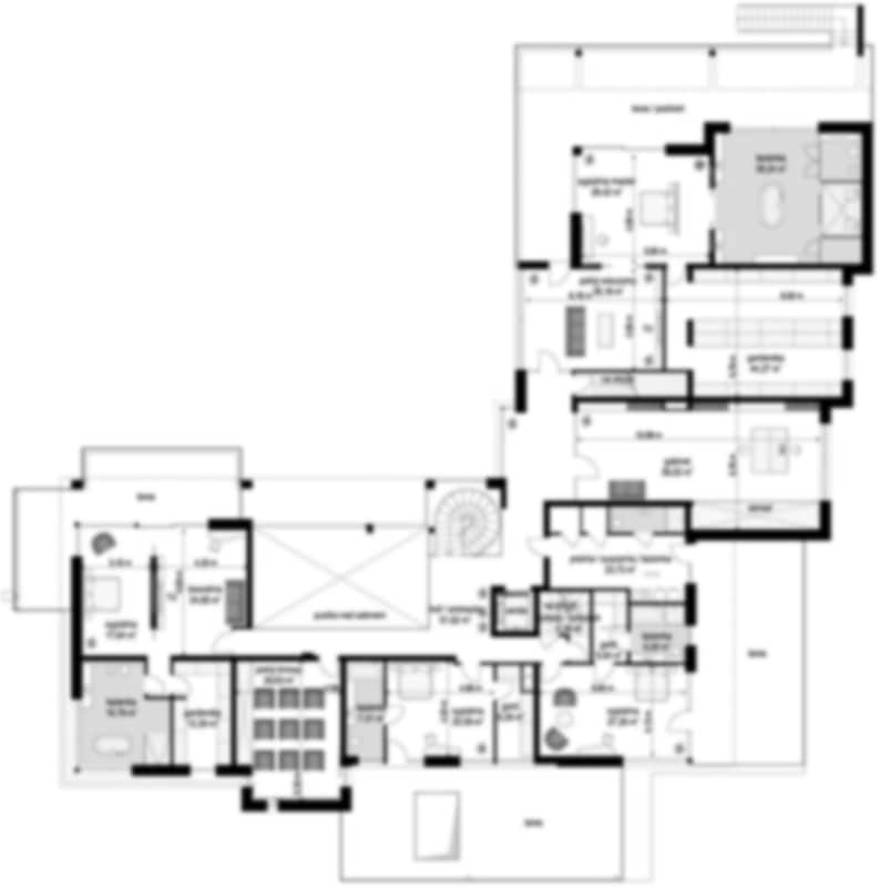 Upper floor plan of a sophisticated house, highlighting spacious rooms and thoughtful design. Great for detailed modern house plans.