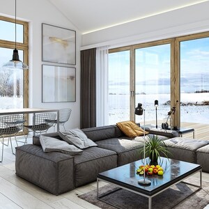 Contemporary living and dining space with open-concept design, minimalist furniture, and natural lighting from large windows. A great example of modern house plans and functional layouts.
