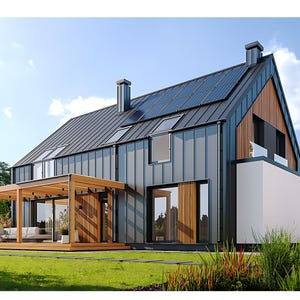 Eco-friendly modern house design with solar panels, sleek metal and wood facade, and a spacious outdoor deck. Ideal for modern house plans and sustainable architectural blueprints.