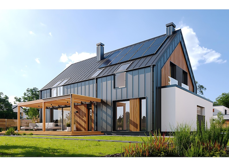 Eco-friendly modern house design with solar panels, sleek metal and wood facade, and a spacious outdoor deck. Ideal for modern house plans and sustainable architectural blueprints.