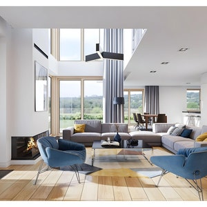 A cozy Scandinavian-inspired living room with natural light, modern furnishings, and a fireplace. Ideal for tiny home plans or cottage house plans enthusiasts.