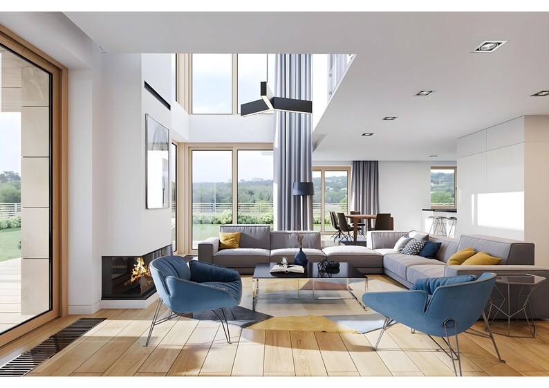 A cozy Scandinavian-inspired living room with natural light, modern furnishings, and a fireplace. Ideal for tiny home plans or cottage house plans enthusiasts.