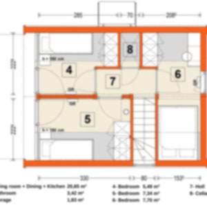 Floor plan showcasing three bedrooms (5.48 m², 7.24 m², 7.70 m²), a hall (1.86 m²), and a cellar (6.05 m²). Efficiently designed layout with clearly defined spaces for comfort and functionality.