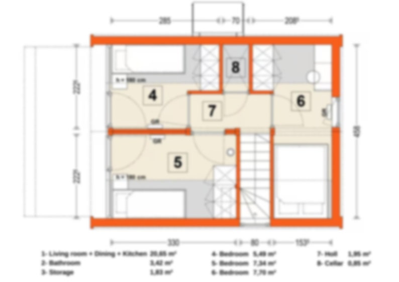 Floor plan showcasing three bedrooms (5.48 m², 7.24 m², 7.70 m²), a hall (1.86 m²), and a cellar (6.05 m²). Efficiently designed layout with clearly defined spaces for comfort and functionality.