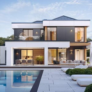 May include: A two-story modern house with white and dark gray exterior walls, large glass windows, and a flat roof. The property features a swimming pool, a stone patio with lounge chairs, and an outdoor dining area with a table and chairs.