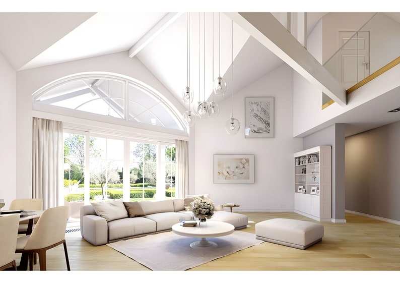 Bright and spacious modern interior design with vaulted ceilings, large windows, and open living space. Ideal for cottage house plans or modern house plans focusing on natural light and minimalistic elegance. Perfect for contemporary living.