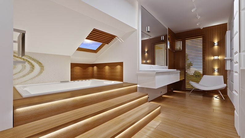 Luxury bathroom with wooden accents, recessed lighting, and a large bathtub. A stunning addition to modern house plans and blueprints.