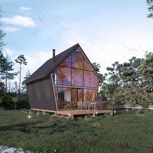 Modern A-frame house design with a striking glass facade, elevated wooden deck, and natural surroundings. Ideal for cottage house plans, tiny home designs, or small cabin layouts, perfect for scenic retreats.