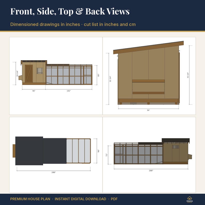 May include: A digital architectural plan titled Front, Side, Top & Back Views showing a brown shed with a run. The technical drawing includes dimensions in inches for the structure's height, width, and length, presented as a PDF download.