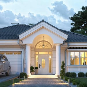 May include: A single-story white house with a dark gray tiled roof, a central arched entryway supported by two white columns, and a silver SUV parked in the attached garage driveway. The front door features an oval glass window insert.