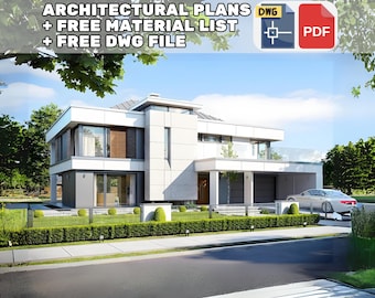 Peut inclure: Une maison moderne à deux étages avec une façade blanche, de grandes fenêtres et un toit plat. L'image comprend le texte "ARCHITECTURAL PLANS + FREE MATERIAL LIST + FREE DWG FILE". Une voiture est garée dans l'allée. Le ciel est bleu.