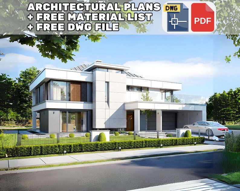 Architectural plans for a modern house with free material list and DWG file. Perfect for modern house plans, house blueprints, and detailed layouts.