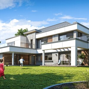 Modern House Design with Spacious Garden
A stunning two-story modern house plan featuring large glass windows, wooden accents, and a spacious garden, perfect for family living. Includes detailed architectural plans and floor layouts.