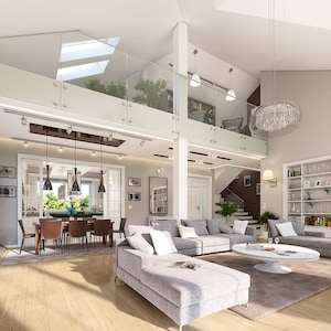 Bright Living Room with High Ceilings and Library – A luxurious open-plan living room with a modern design, glass railings, and bookcases. Perfect inspiration for townhouse plans and villa plans.